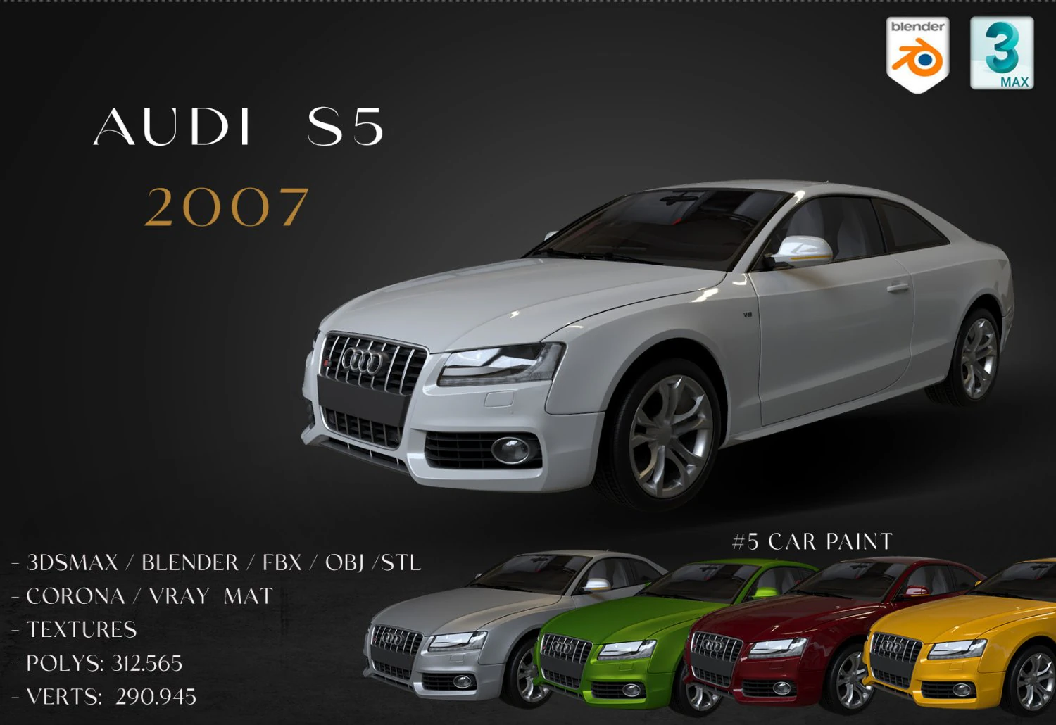 2007 Audi S5 3D Model .c4d .max .obj .3ds .fbx .stl .blend 