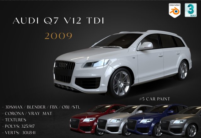2009 Audi Q7 V12 TDI 3D 모델 .c4d .max .obj .3ds .fbx .stl .blend 