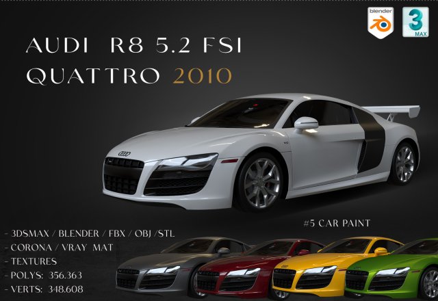 2010 Audi R8 52 FSI quattro 3D 모델 .c4d .max .obj .3ds .fbx .stl .blend 