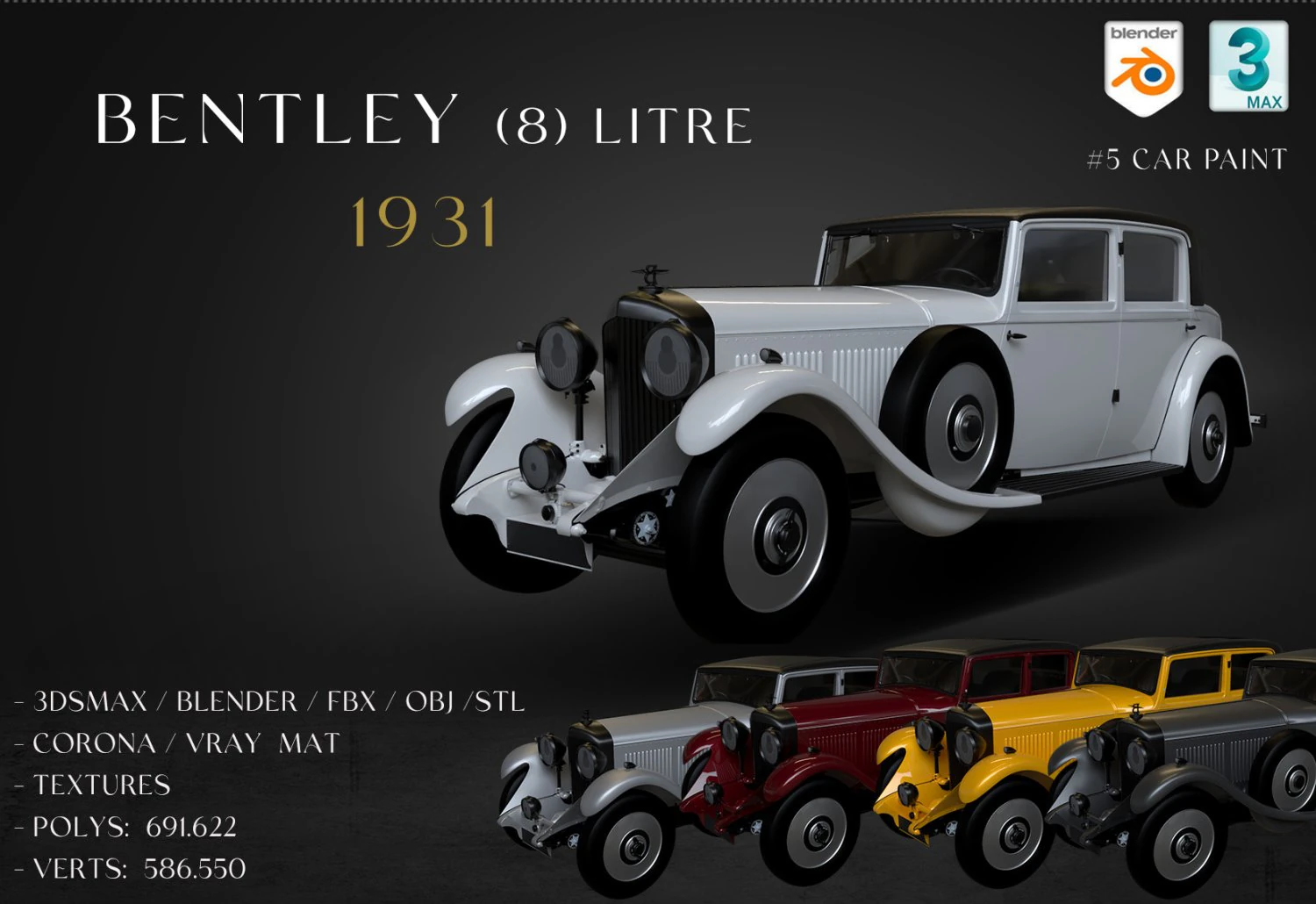 1931 Bentley 8 Litre 3D Model .c4d .max .obj .3ds .fbx .stl .blend 
