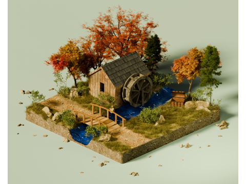 House with watermill and river 3D 模型