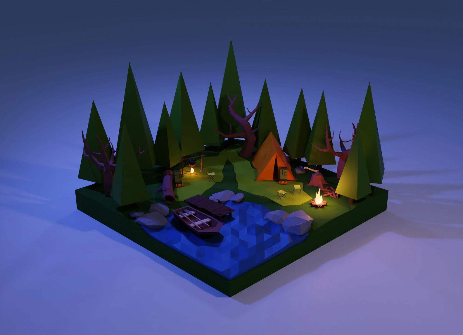 Forest and Lake Night 3D Model .c4d .max .obj .3ds .fbx .stl .blend 