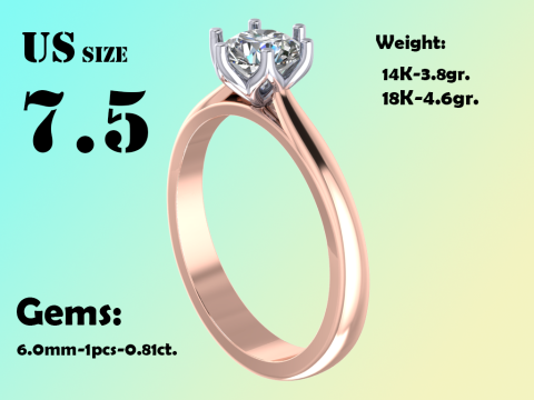 Jewelry engagement SOL ring stone 6mm Printable STL Modello di stampa 3D