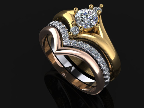 Printable STL jewelry engagement triple ring gems 07ct Model do druku 3D