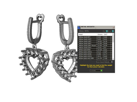 Printable STL jewelry earring gem heart 10x10mm 9ct 3Dプリントモデル