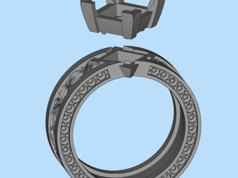 Printable jewelry vintage signet with stone princess 8x8mm 3ct 3D Print Model
