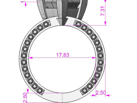Printable jewelry vintage signet with stone princess 8x8mm 3ct 3D Print Model