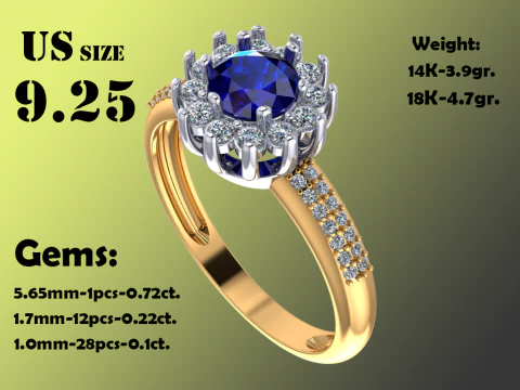 Jewelry engagement ring 1ct Printable STL US Size 925 Ring size inner diameter 192 mm ----- 3D Print Model