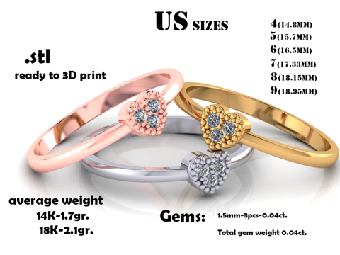 Engagement Ring heart with 3 diamonds printable STL Modelo de impresión 3D