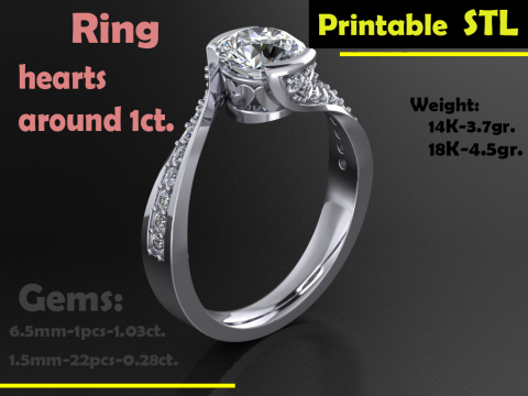 Engagement Ring hearts around 1ct printable STL 3Dプリントモデル
