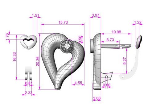 Earrings heart with diamonds 055ct - ready to print 3D प्रिंट मॉडल