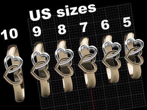 Printable jewelry engagement ring two heart STL 5-10 US sizes Modelo de Impressão 3D