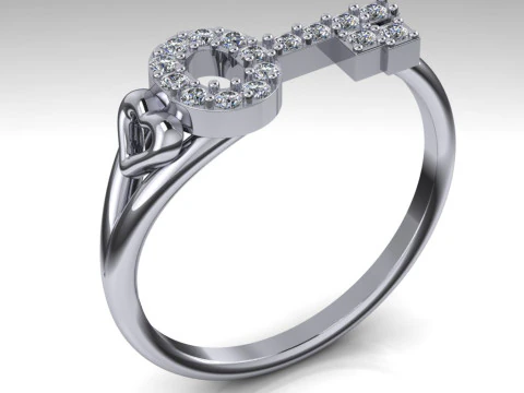 Bague pour filles - CL&Eacute; ET COEUR - pr&ecirc;te &agrave; &ecirc;tre imprim&eacute;e en 3D Modèles 3D en vedette