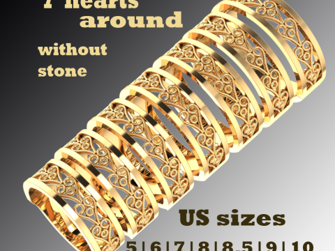 Printable jewelry engagement wedding ring - hearts arourd- STL 3Dプリントモデル
