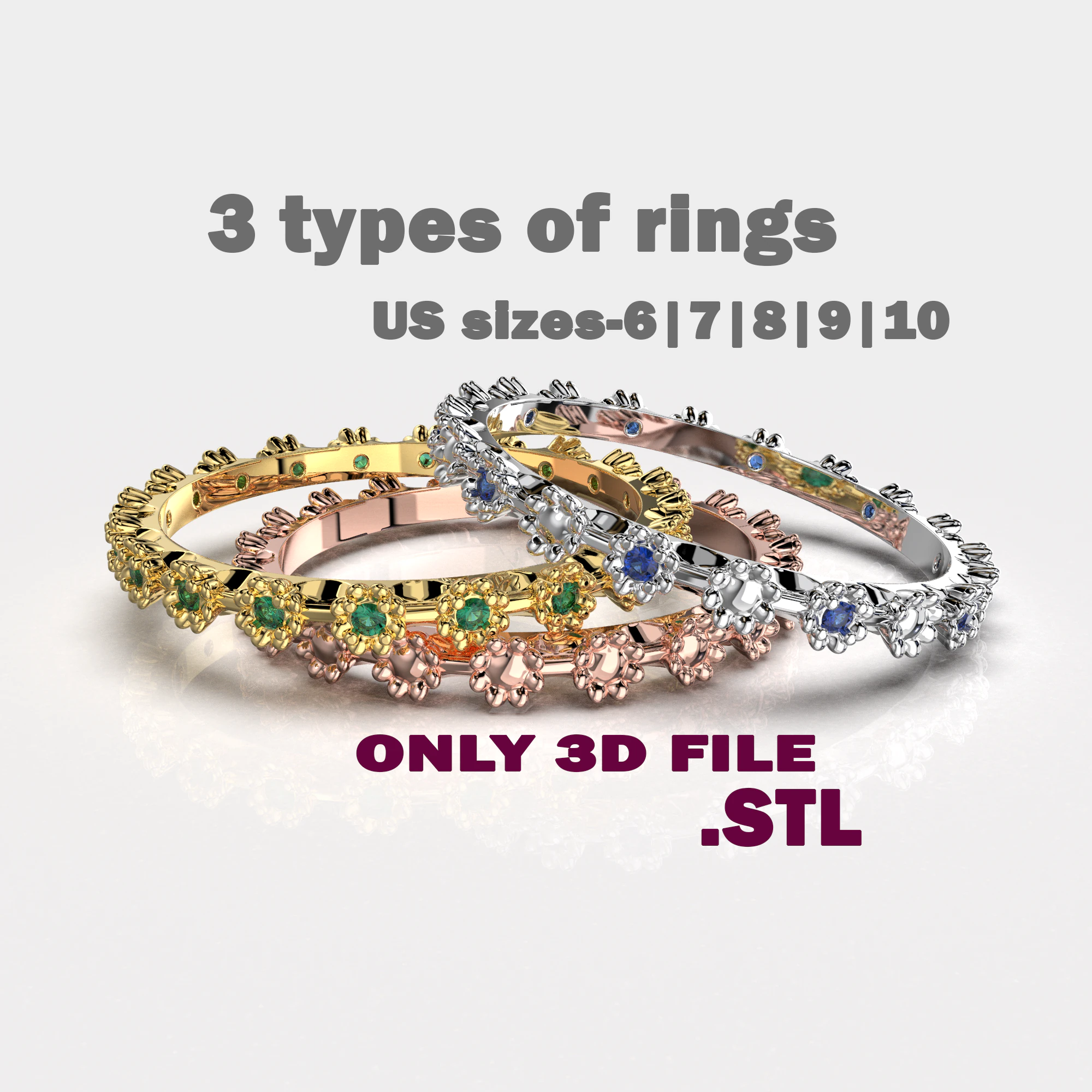 Printable wedding ring flower ring 6-10 US sizes 3D Print Model .c4d .max .obj .3ds .fbx .stl .blend 