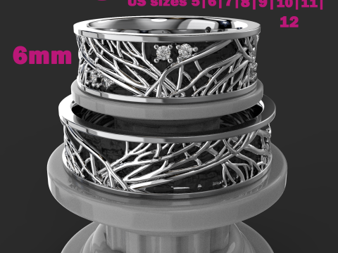 Jewelry wedding ring tree branch 6mm US 5-12 sizes Printable STL 3Dプリントモデル
