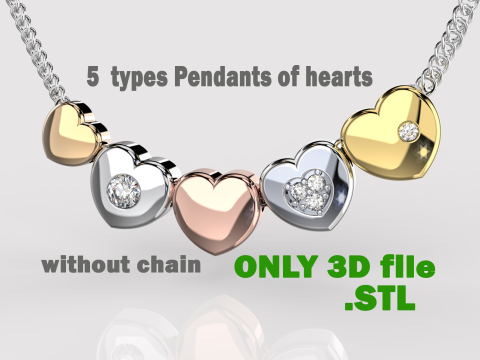 JEWELRY Necklace Pendants - 5 types of hearts Printable STL Modelo de impresión 3D