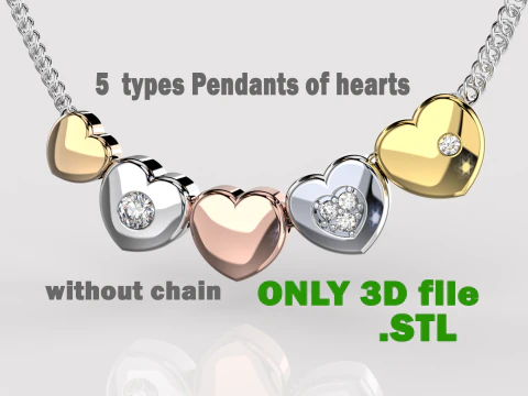 MÜCEVHER Kolye Kolye - 5 çeşit kalp Yazdırılabilir STL 3D Baskı Modeli