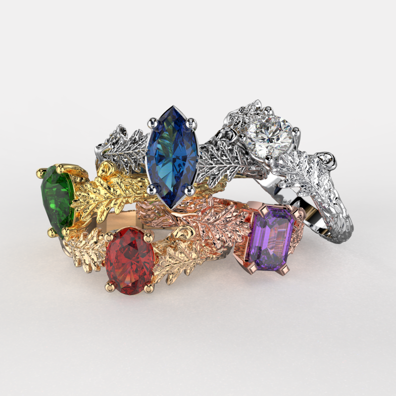 Five Engagement rings- oak leaf branch- printable STL Modèles 3D en vedette .c4d .max .obj .3ds .fbx .stl .blend