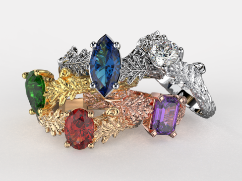 Five Engagement rings- oak leaf branch- printable STL 3D Print Model