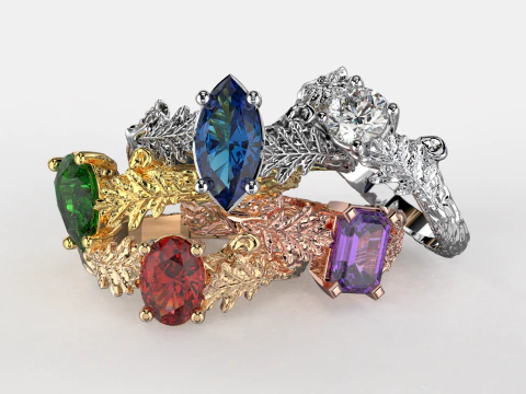 五个订婚戒指 - 橡树叶分支 - 可打印 STL 3D 打印模型