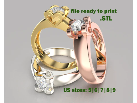 Nişan SOL Kalpli y&uuml;z&uuml;k - Taş - 04 ct - 5mm - yazdırılabilir STL 3D Baskı Modeli