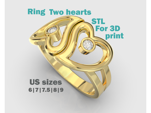 Ring love hearts together -STL for 3d printing 3Dプリントモデル