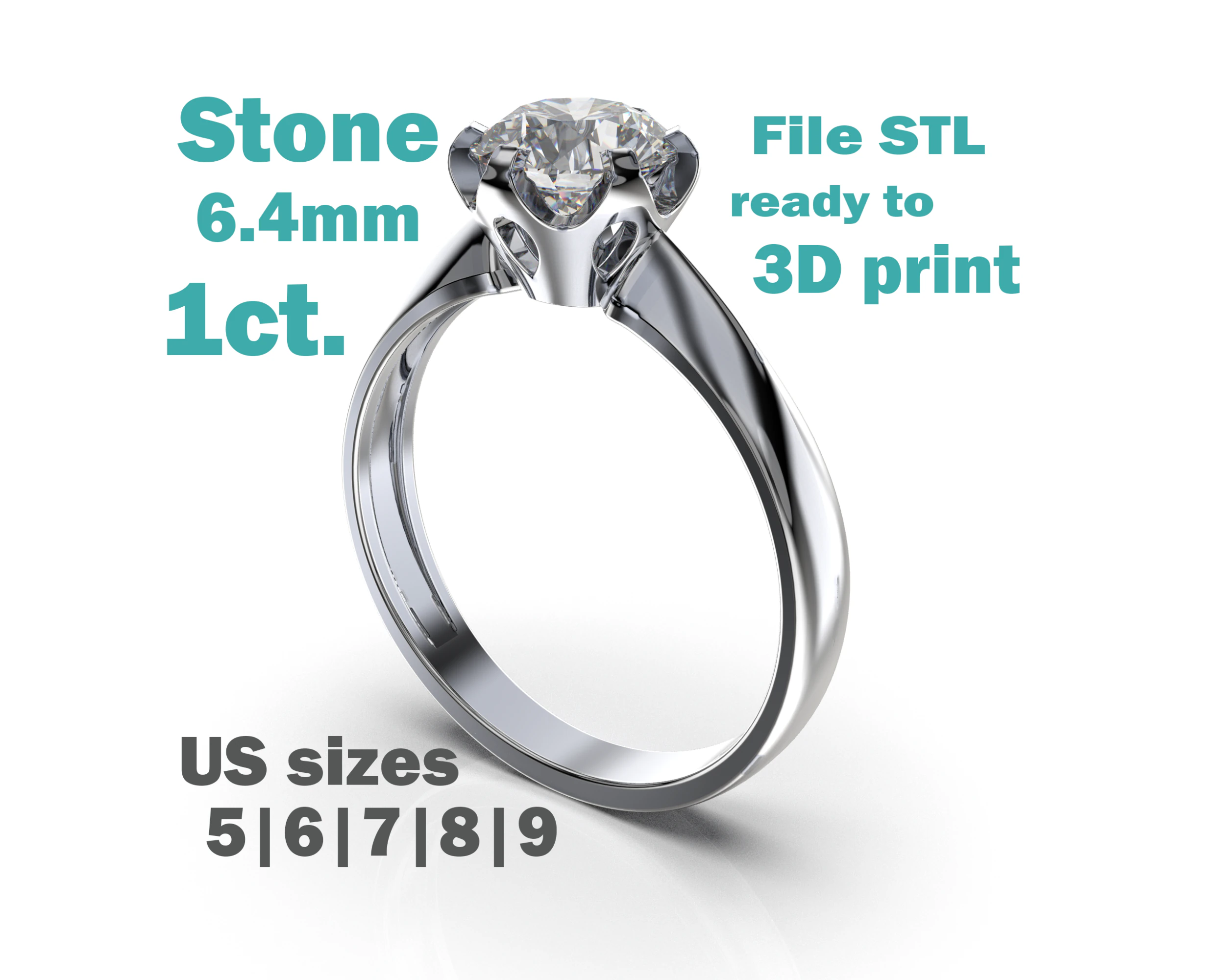 PRINTABLE WOMANS SOLITAIRE RING stone 1ct 3D Print Model .c4d .max .obj .3ds .fbx .stl .blend 