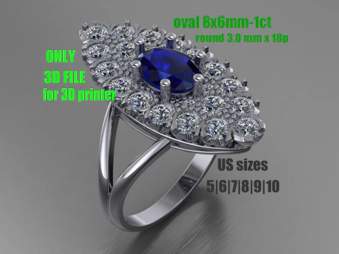 Set 6 sizes engagement ring - stone oval 8x6mm - Printable STL 3D Print Model