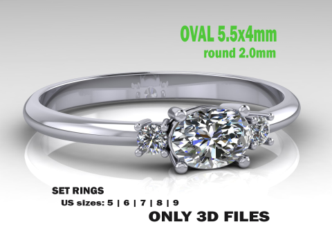 THREE STONES Engagement ring oval 035ct -STL for 3d printing 3D Print Model