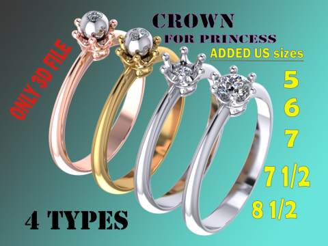 Printable jewelry Ring 4 Types crown for princess 3Dモデル