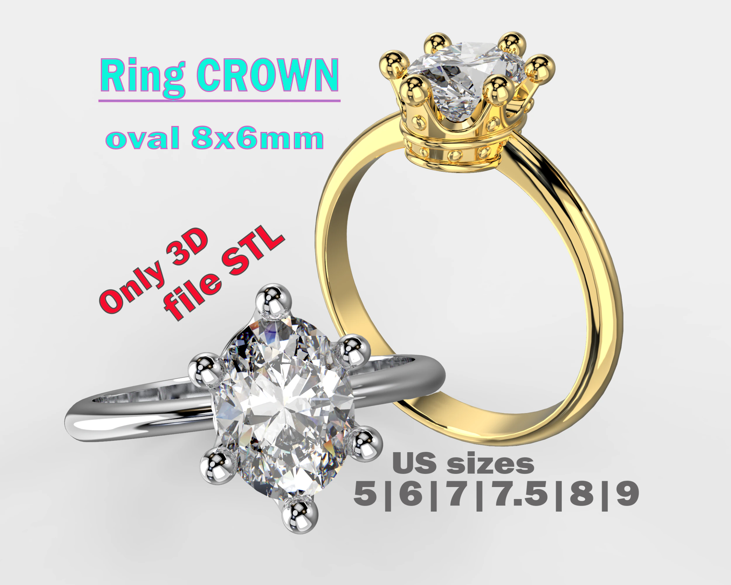 Jewelry Ring princess crown with oval 8x6 Printable STL 3D Model .c4d .max .obj .3ds .fbx .stl .blend 