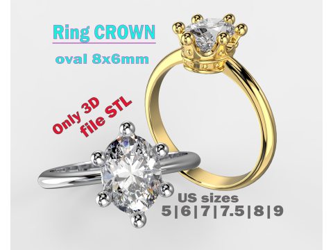 Jewelry Ring princess crown with oval 8x6 Printable STL Modelo 3D