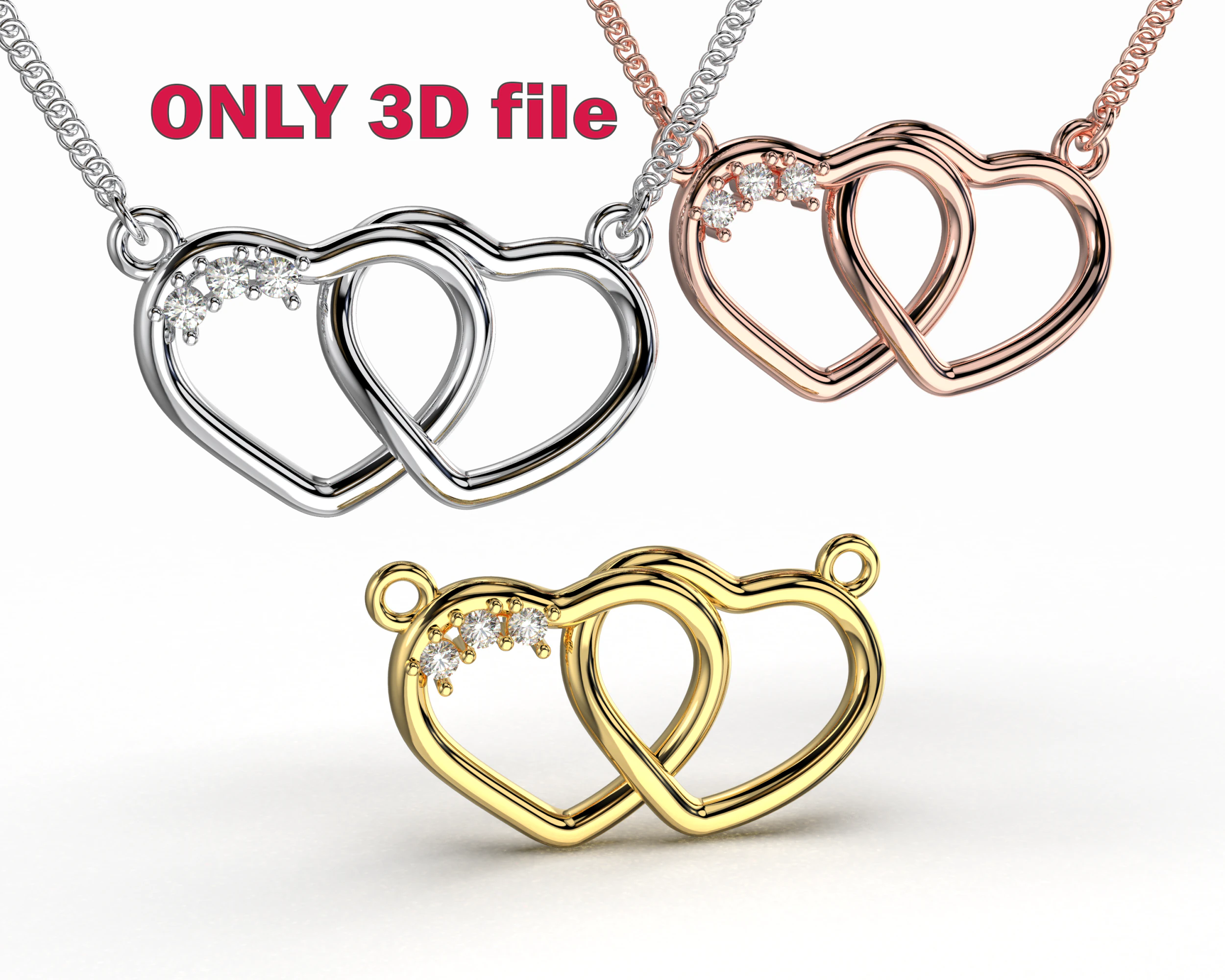 Ювелірне намисто-підвіска 2 СЕРЦЯ 3 камені - Printable STL 3D Модель .c4d .max .obj .3ds .fbx .stl .blend 
