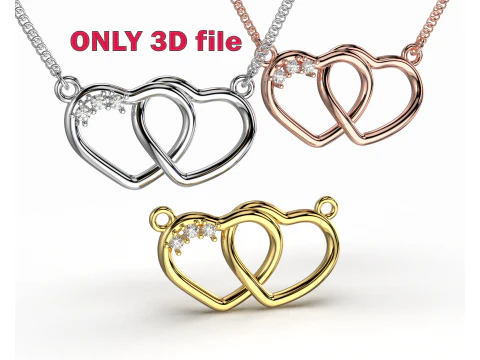 Collana con ciondolo gioielli 2 CUORI 3 pietre-stampabile STL Modello 3D
