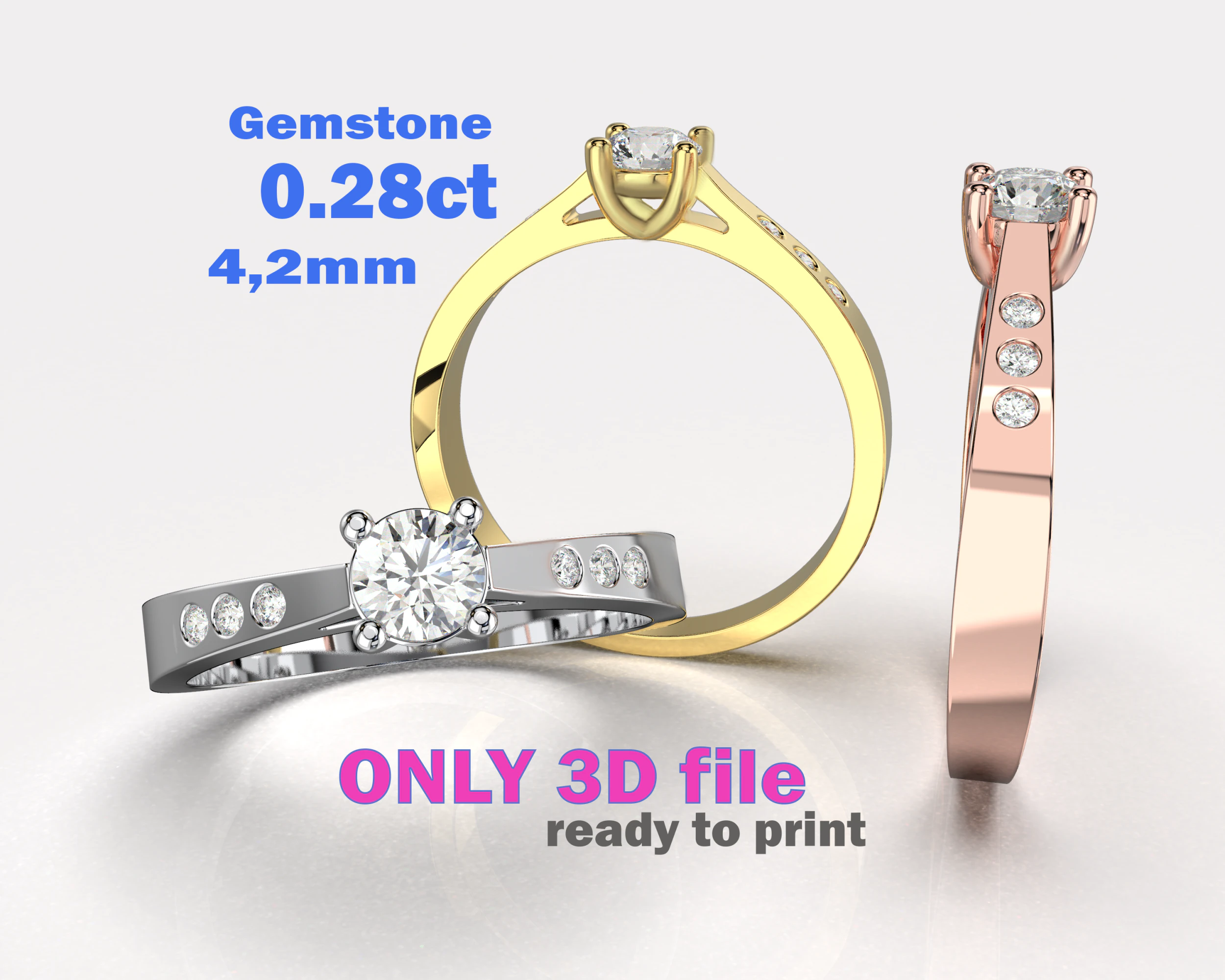 Classic Engagement Ring with 03ct Printable STL 3D Model .c4d .max .obj .3ds .fbx .stl .blend 
