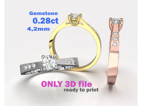经典订婚戒指，带 03 克拉可打印 STL 3D 模型