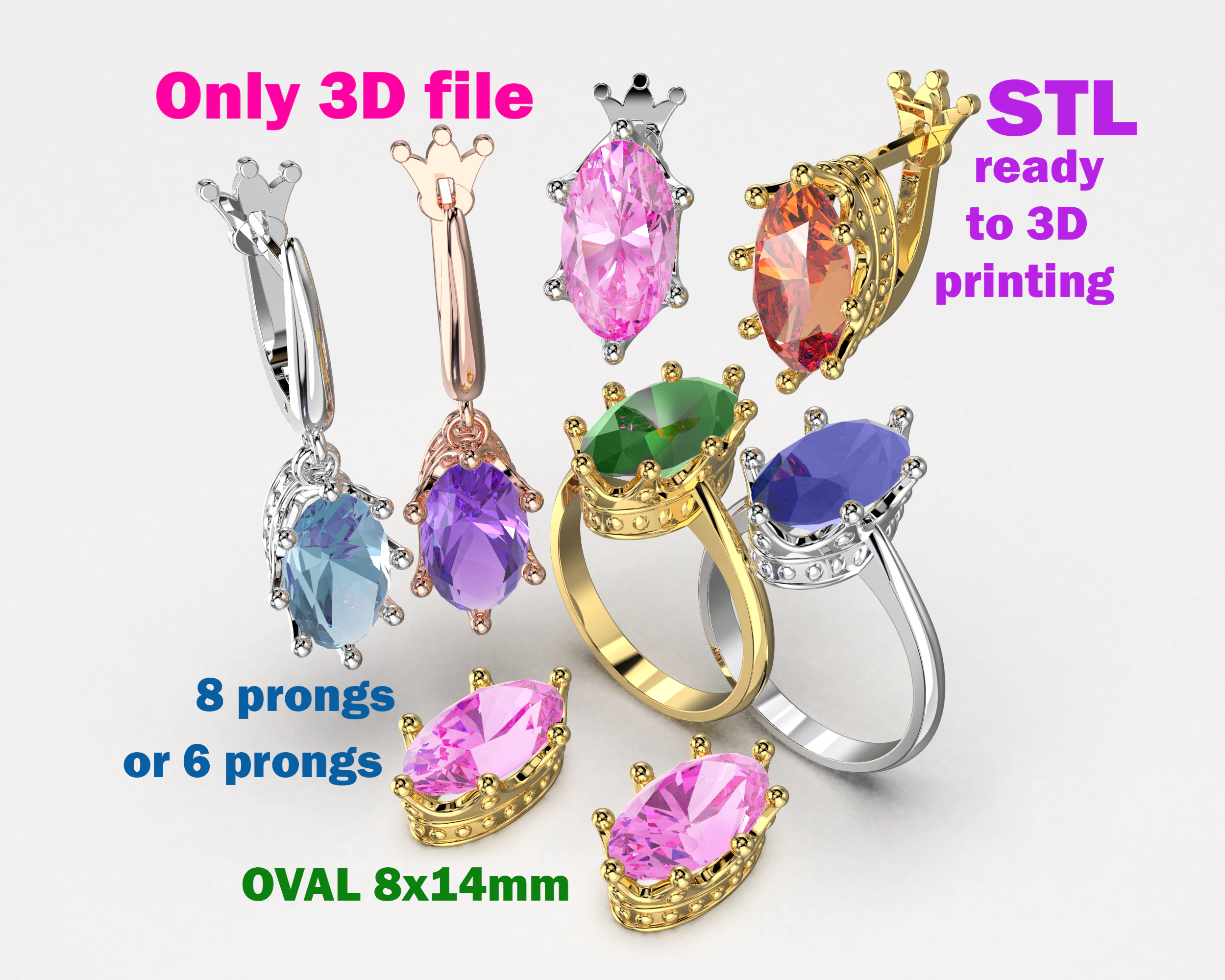 Crown Jewelry Set Ring Earrings and Oval 8x14mm Gemstone Setting STL for 3D Print 3D Model .c4d .max .obj .3ds .fbx .stl .blend