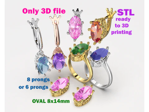 Set di gioielli con corona, orecchini ad anello e pietra preziosa ovale 8x14 mm con impostazione STL per stampa 3D Modello 3D
