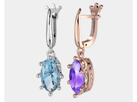 Crown Jewelry Set Ring Earrings and Oval 8x14mm Gemstone Setting STL for 3D Print 3D Model
