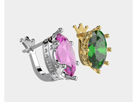 Crown Jewelry Set Ring Earrings and Oval 8x14mm Gemstone Setting STL for 3D Print 3D Model