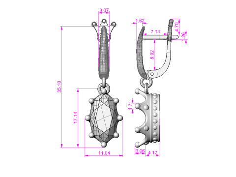 Crown Jewelry Set Ring Earrings and Oval 8x14mm Gemstone Setting STL for 3D Print 3D Model