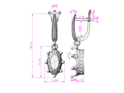 Crown Jewelry Set Ring Earrings and Oval 8x14mm Gemstone Setting STL for 3D Print 3D Model