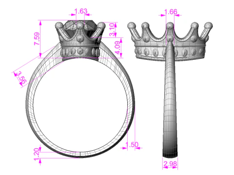 Crown Jewelry Set Ring Earrings and Oval 8x14mm Gemstone Setting STL for 3D Print 3D Model