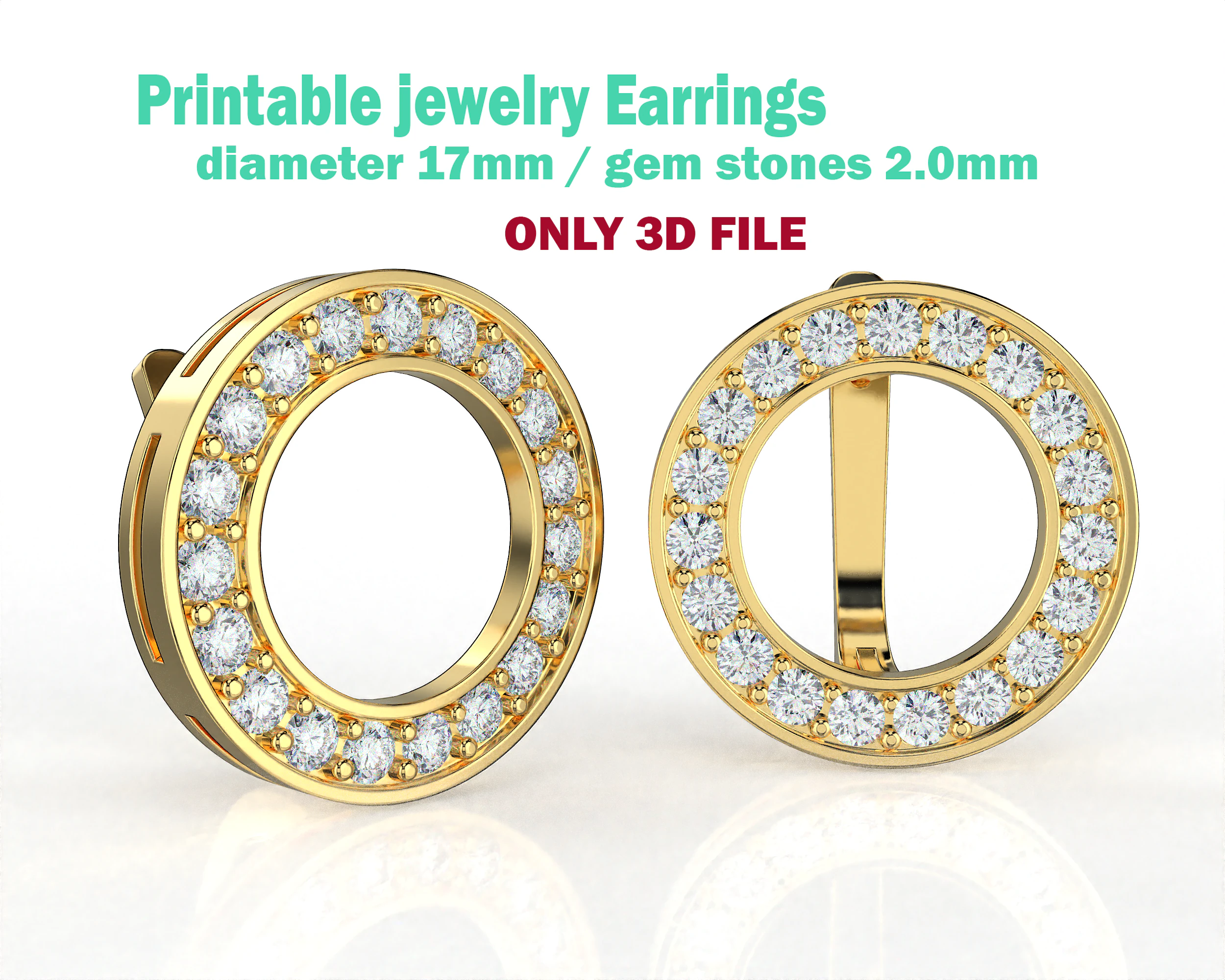 Printable jewelry earring circle 17mm with diamonds 2mm - file STL 3D Model .c4d .max .obj .3ds .fbx .stl .blend 