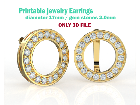 Printable jewelry earring circle 17mm with diamonds 2mm - file STL 3D Model