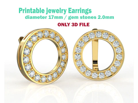 Printable jewelry earring circle 17mm with diamonds 2mm - file STL 3D Model