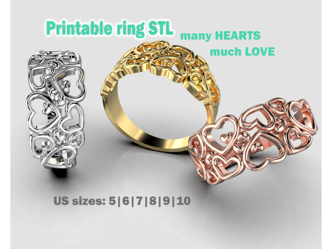 Printable ring - many hearts - much love - STL for 3d printing 5-10 sizes 3Dモデル