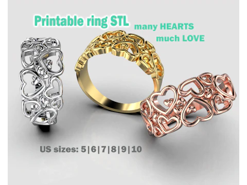 Кольцо для печати - много сердечек - много любви - STL для 3d печати 5-10 размеров 3D Модель