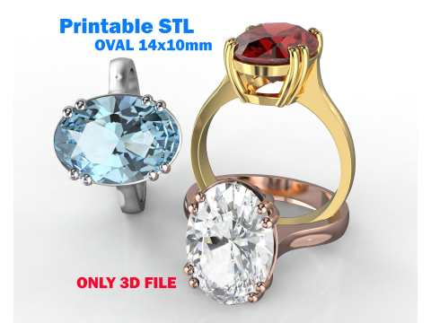 Printable Engagement SOLITAIRE Ring with oval 14x10mm STL 3D Model